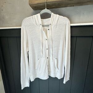 Eileen Fisher Linen Jersey Snap Button Hooded Top White Medium